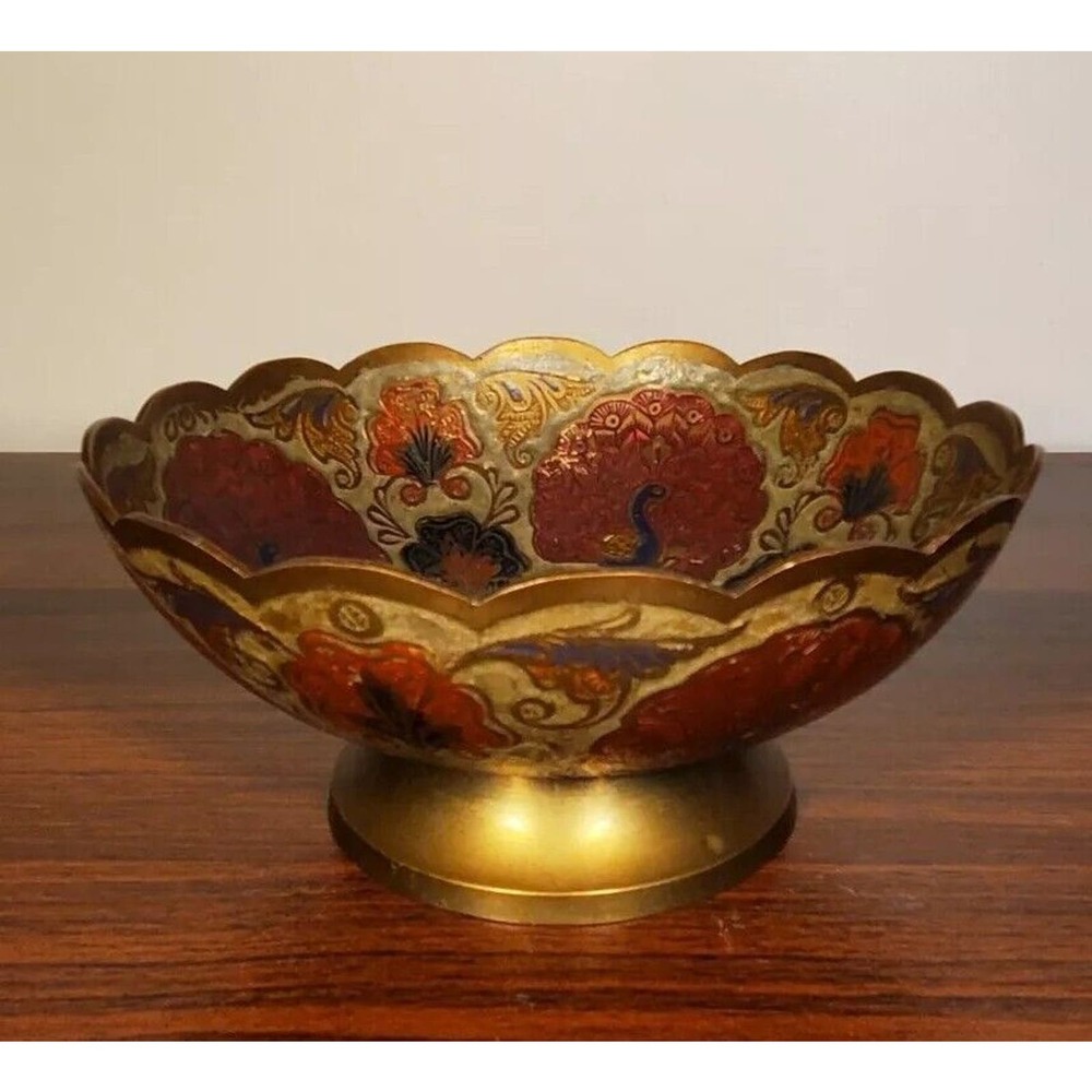 Vintage Enameled Brass Peacock Flowers Deco Bowl Or Trinket Jewelry Dish 7"